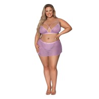 Girl Next Door Strappy Bralette Flirty Thong Skirt Lilac