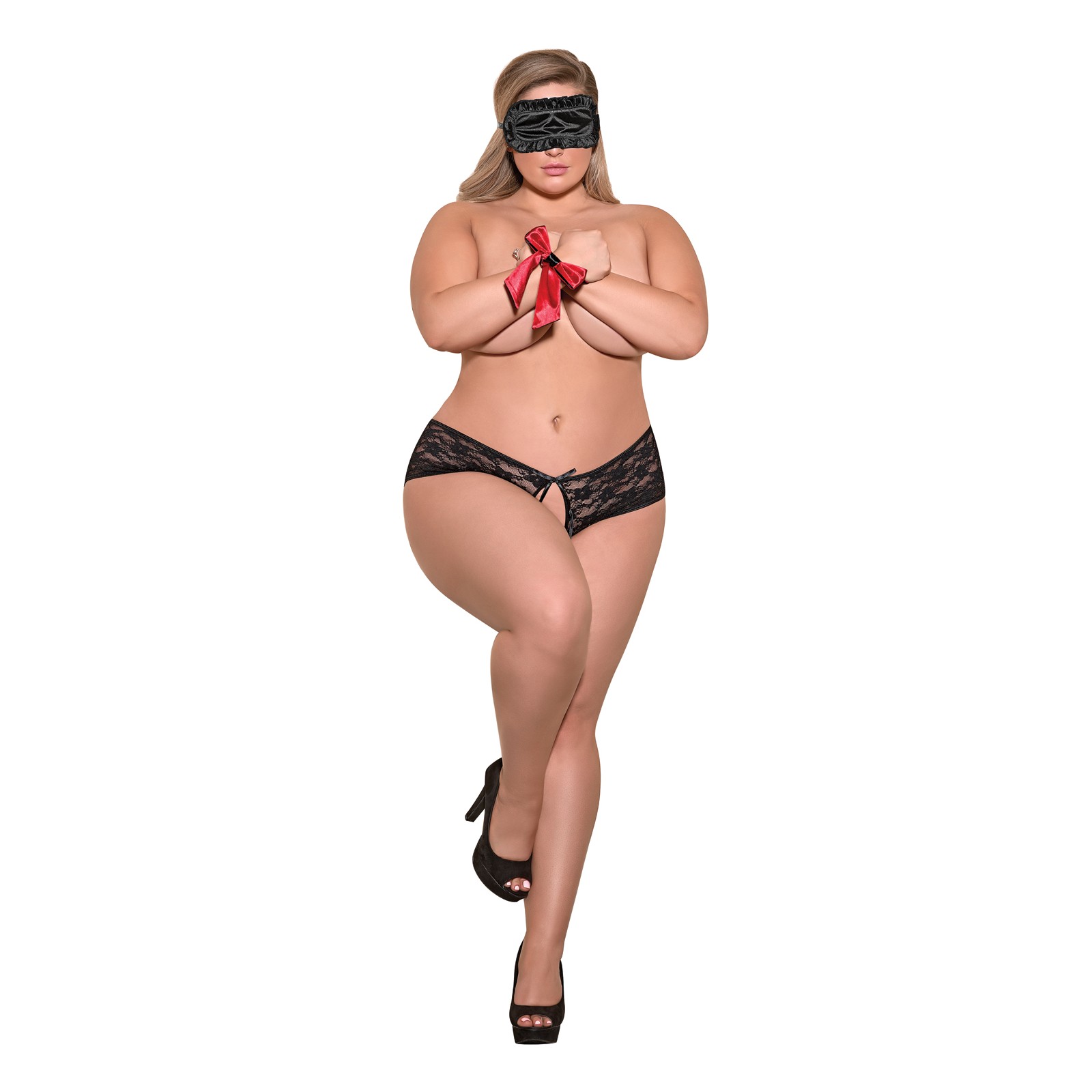 Love Bondage Split Back Lace Booty Short Blindfold Wrist Ties Black