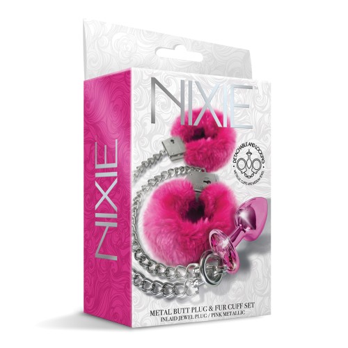 Nixie Metal Butt Plug Jewel Fur Cuff Set Pink Metallic