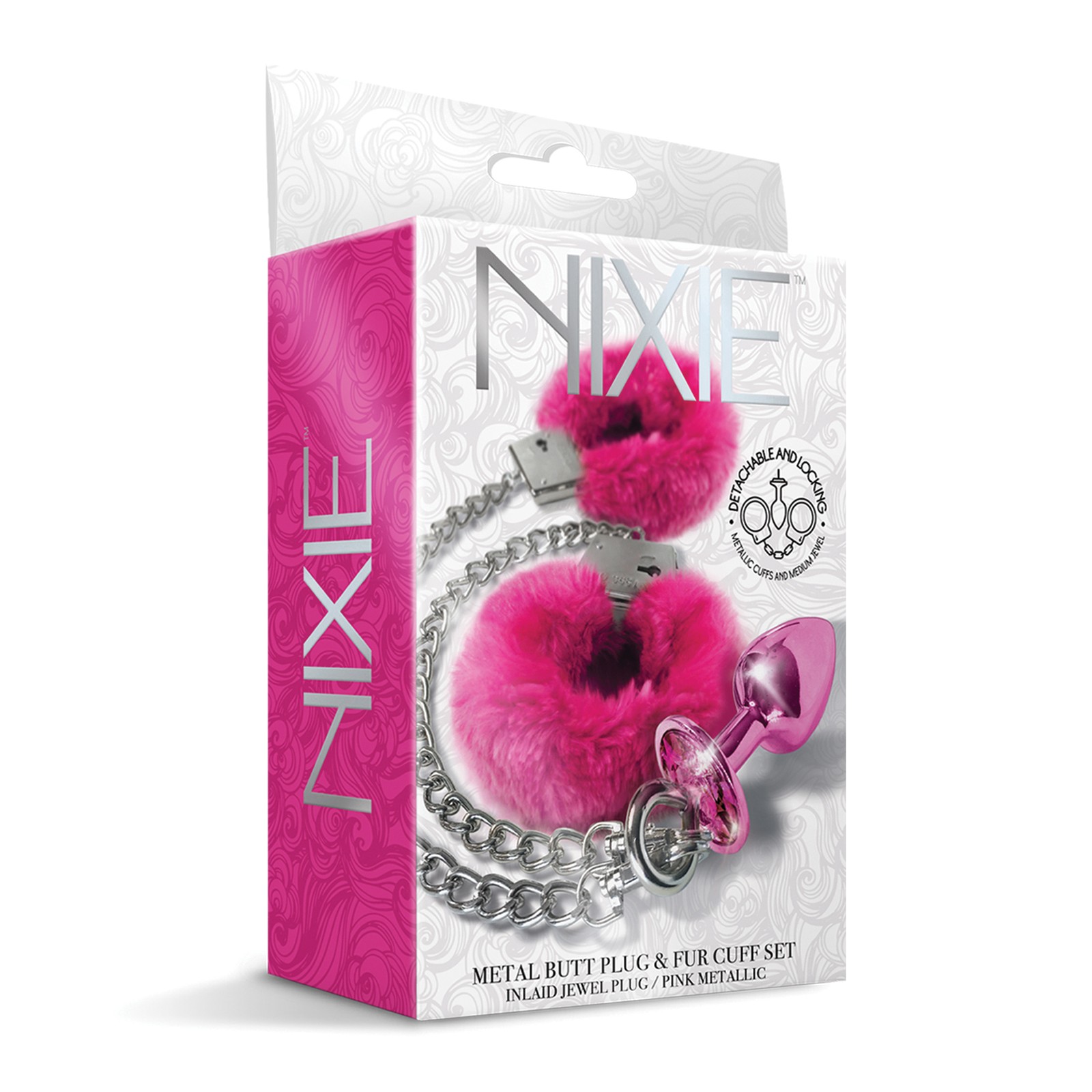 Plug Anal Metálico Nixie con Joyón Rosa y Juego de Puños de Piel