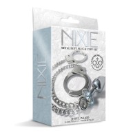 Nixie Metal Butt Plug with Jewel & Fur Cuff Set