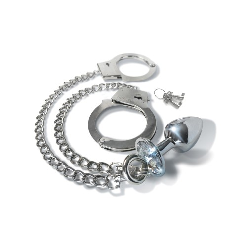 Nixie Metal Butt Plug with Jewel & Fur Cuff Set