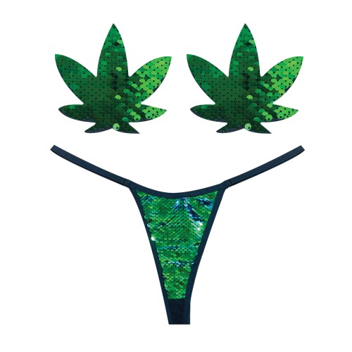 G-String Neva Nude Naughty Knix Hoja de Marihuana con Lentejuelas & Pasties - Verde O/S