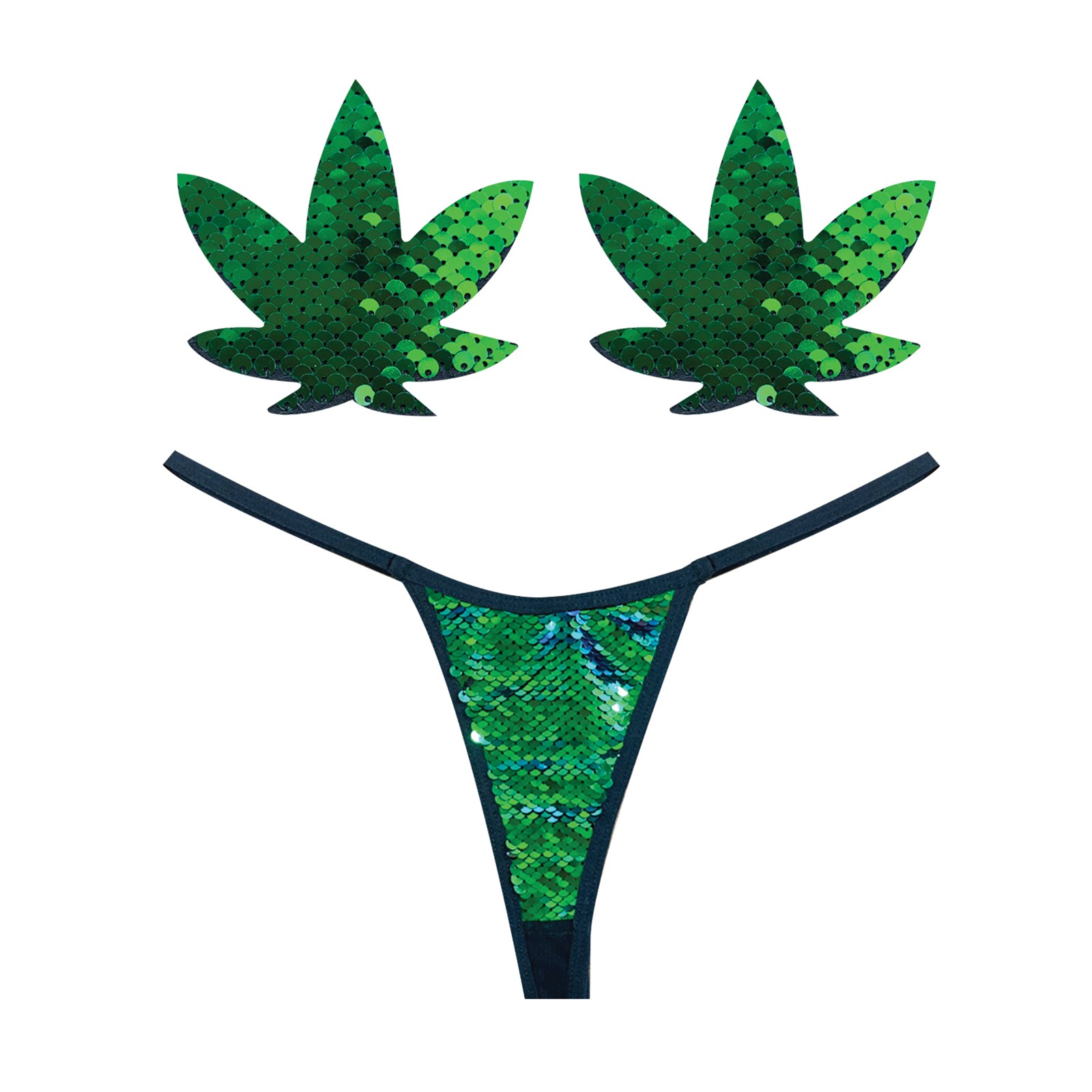 G-String Neva Nude Naughty Knix Hoja de Marihuana con Lentejuelas & Pasties - Verde O/S