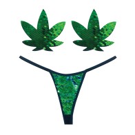 G-String Neva Nude Naughty Knix Hoja de Marihuana con Lentejuelas & Pasties - Verde O/S