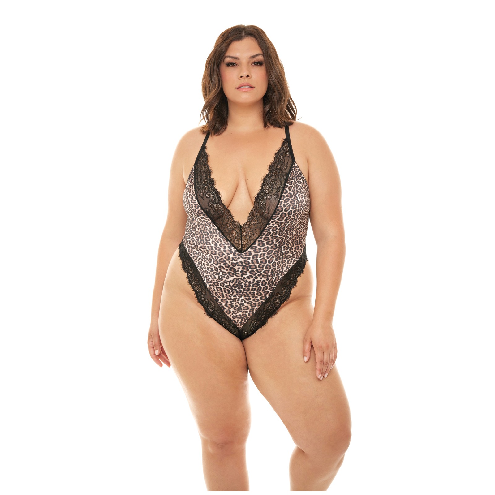 Jolene Satin Teddy Plunging Neckline Leopard Black