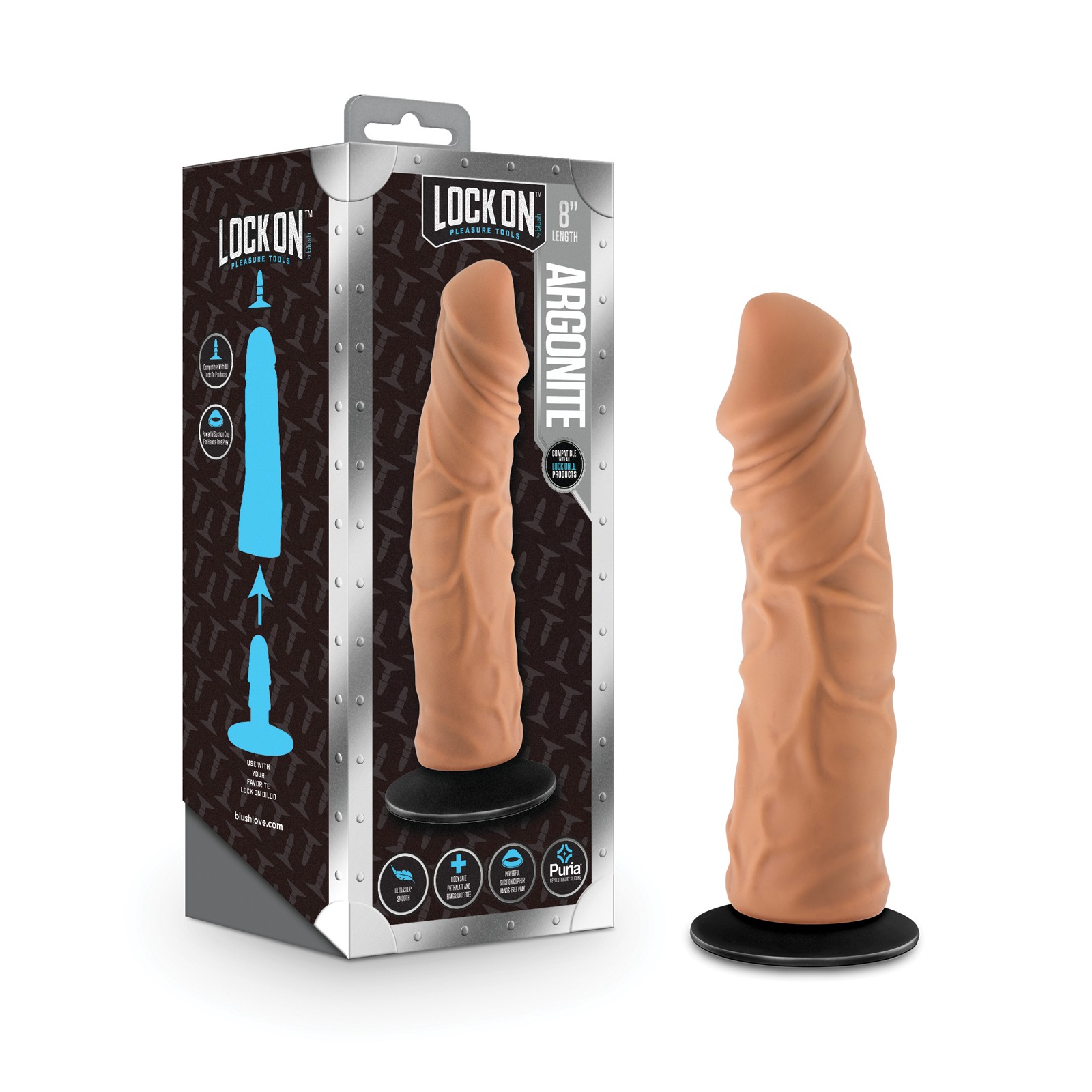 Lock On 8" Argonite Dildo with Suction Cup - Mocha