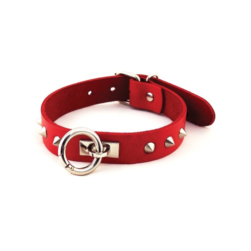 Rouge Leather O Ring Studded Collar for Bondage Play