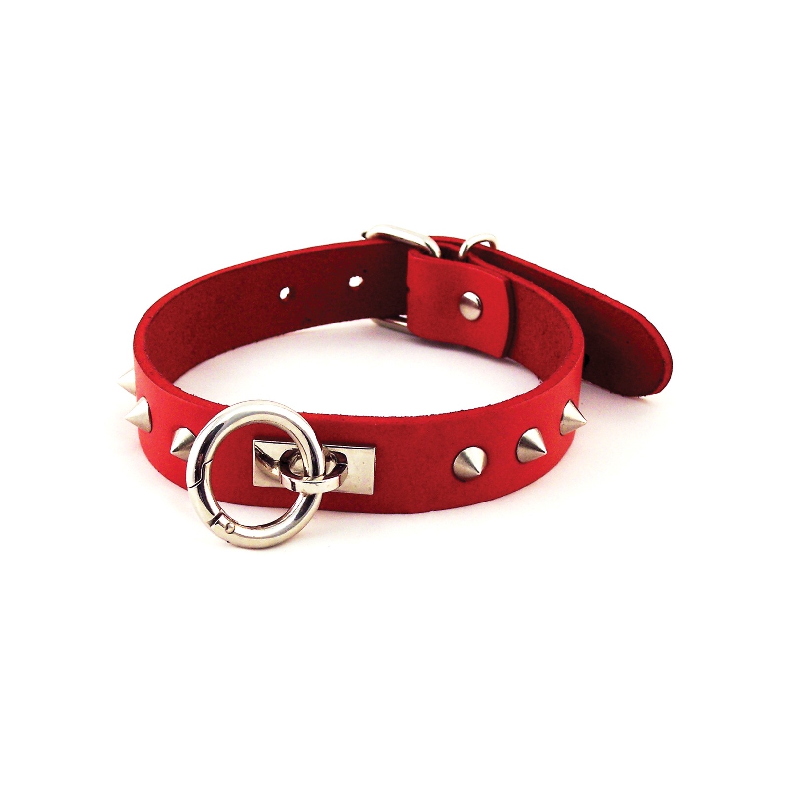 Rouge Leather O Ring Studded Collar for Bondage Play