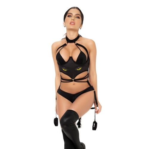 Bodysuit de Gata Sexy con Puentes de Muñeca - Negro L/XL