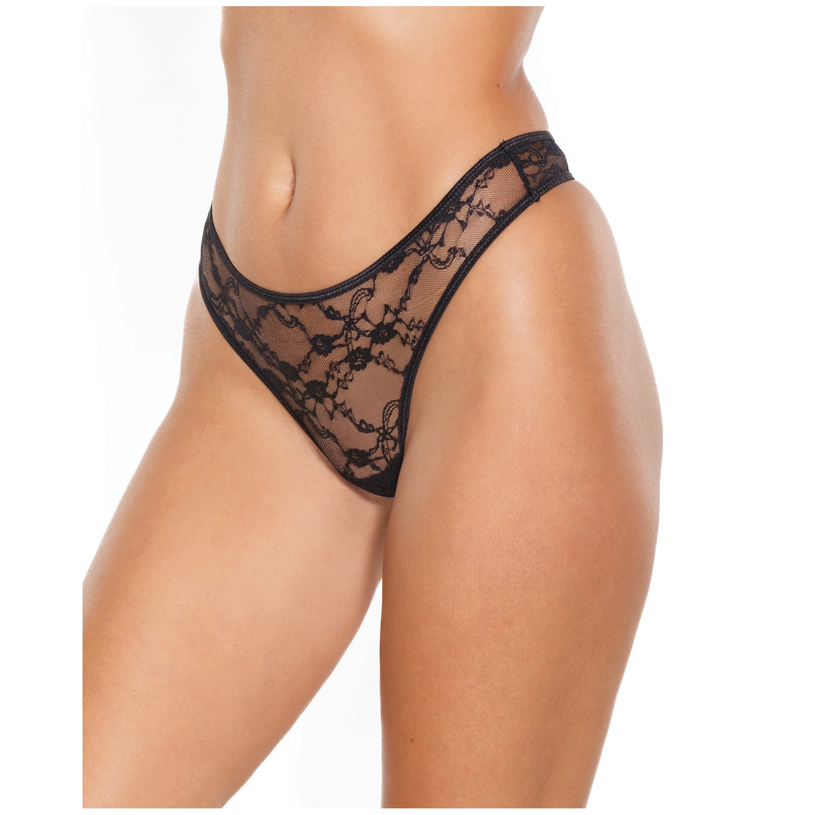 Stretch Lace High Leg Thong Black - Stylish Comfort