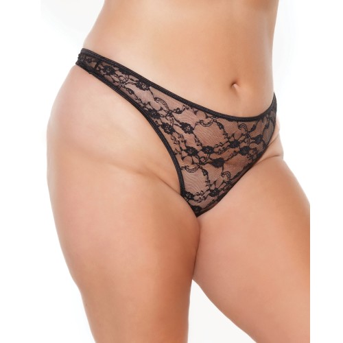 Tanga de Encaje Estirado de Pierna Alta - Negro OS/XL