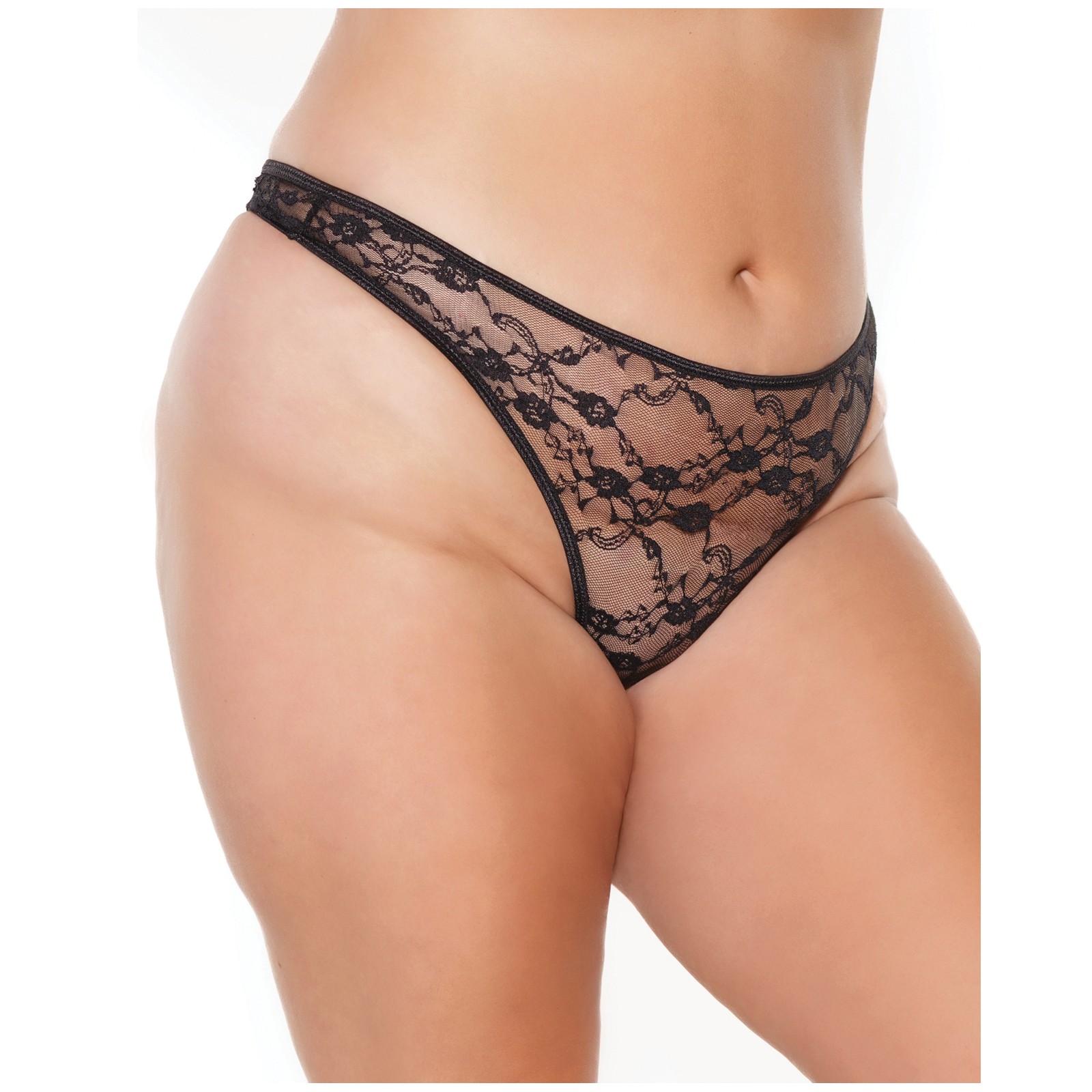 Tanga de Encaje Estirado de Pierna Alta - Negro OS/XL