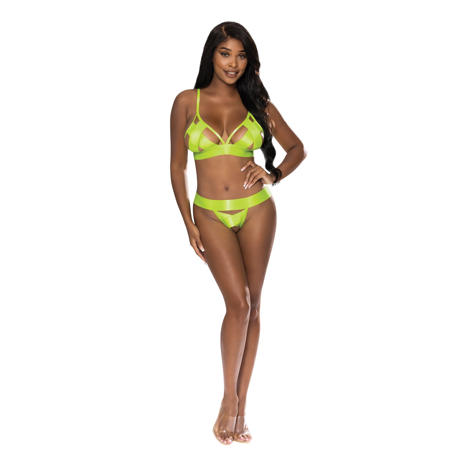 Strap-Tease Bra and Crotchless Panty Neon Yellow