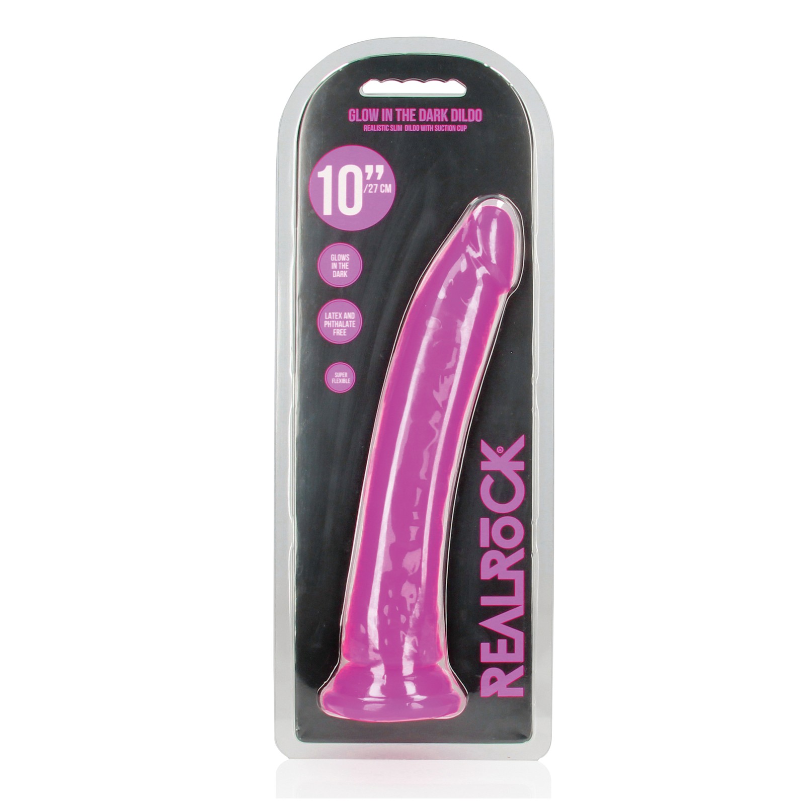 Shots RealRock Dildo Slim de 10 Pulgadas que Brilla en la Oscuridad Púrpura Neón