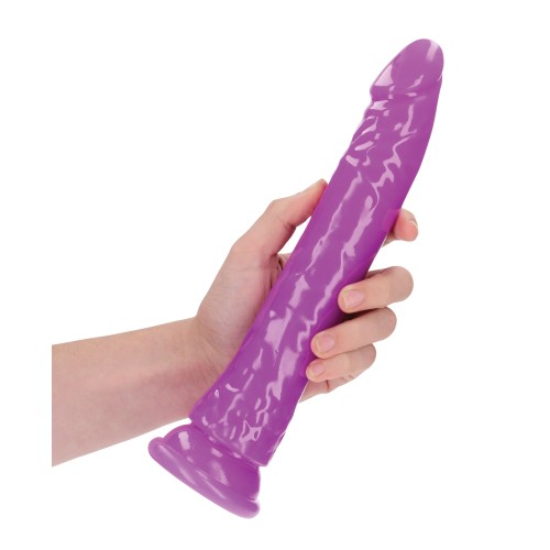 Shots RealRock Dildo Slim de 10 Pulgadas que Brilla en la Oscuridad Púrpura Neón