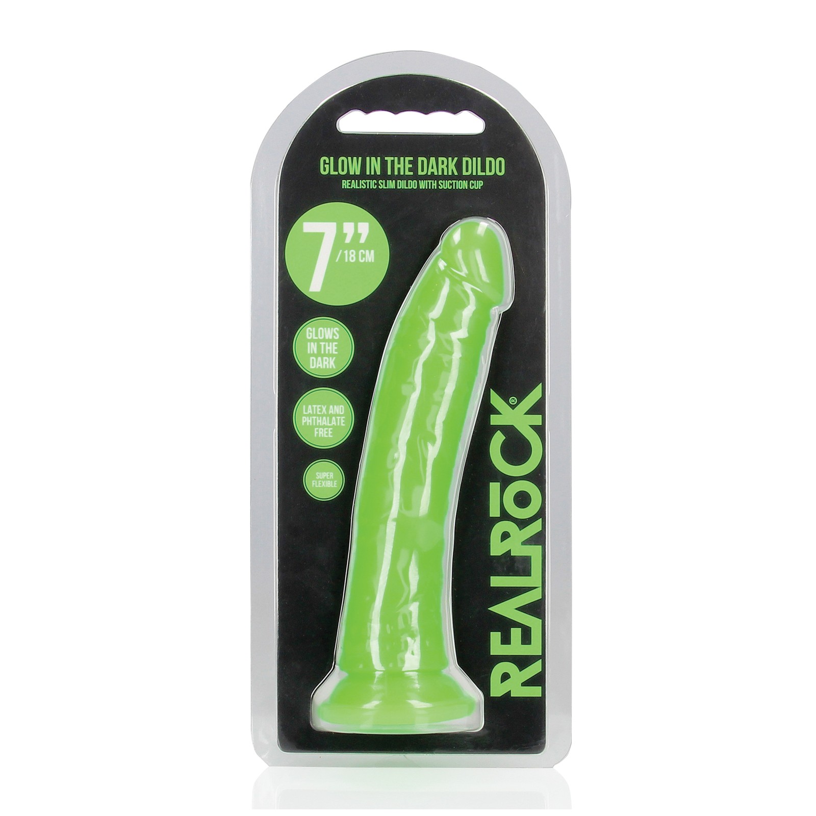 Neon Green 7 Slim Glow in the Dark Dildo - Shots