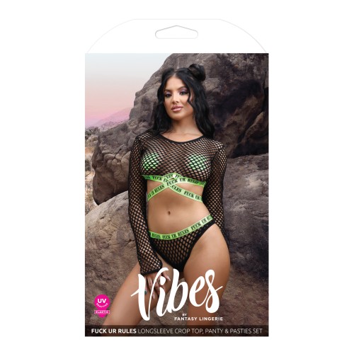 Vibes Fuck Ur Rules Long Sleeve Crop Top Panty Pasties Black/Green | Bold Style