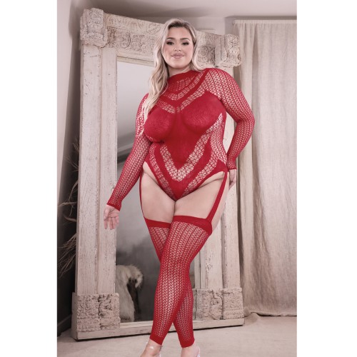 Seductive Long Sleeve Teddy with Footless Stockings - Red QN