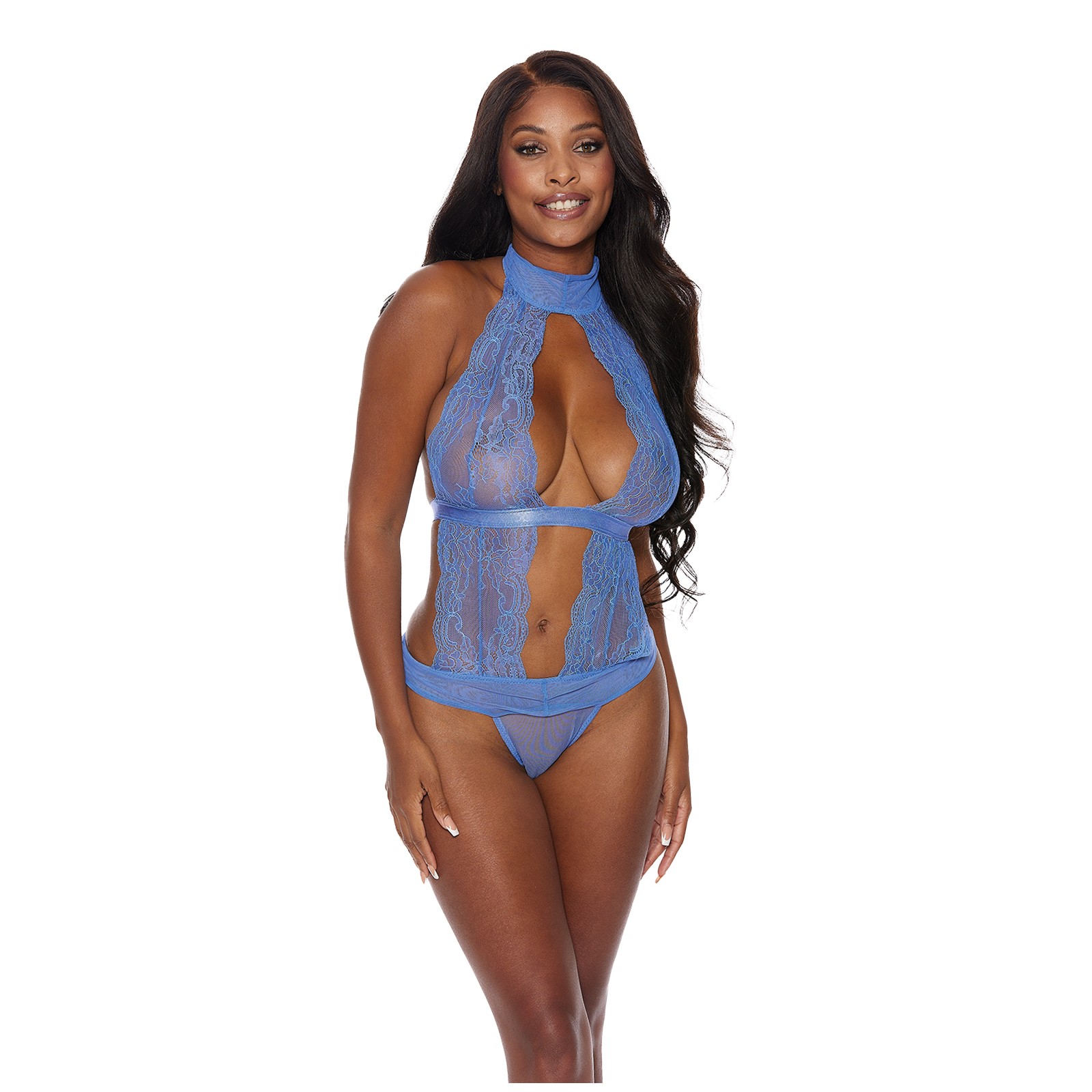 Lace & Mesh Halter Neck Teddy Periwinkle