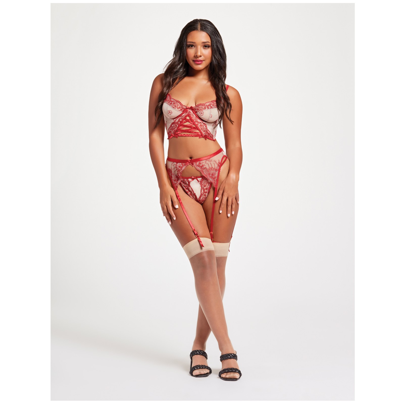 Sheer Stretch Mesh with Floral Contrast Bustier Set - Red/Nude LG