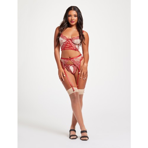 Sheer Stretch Mesh Bustier Garter Thong Set Red Nude MD