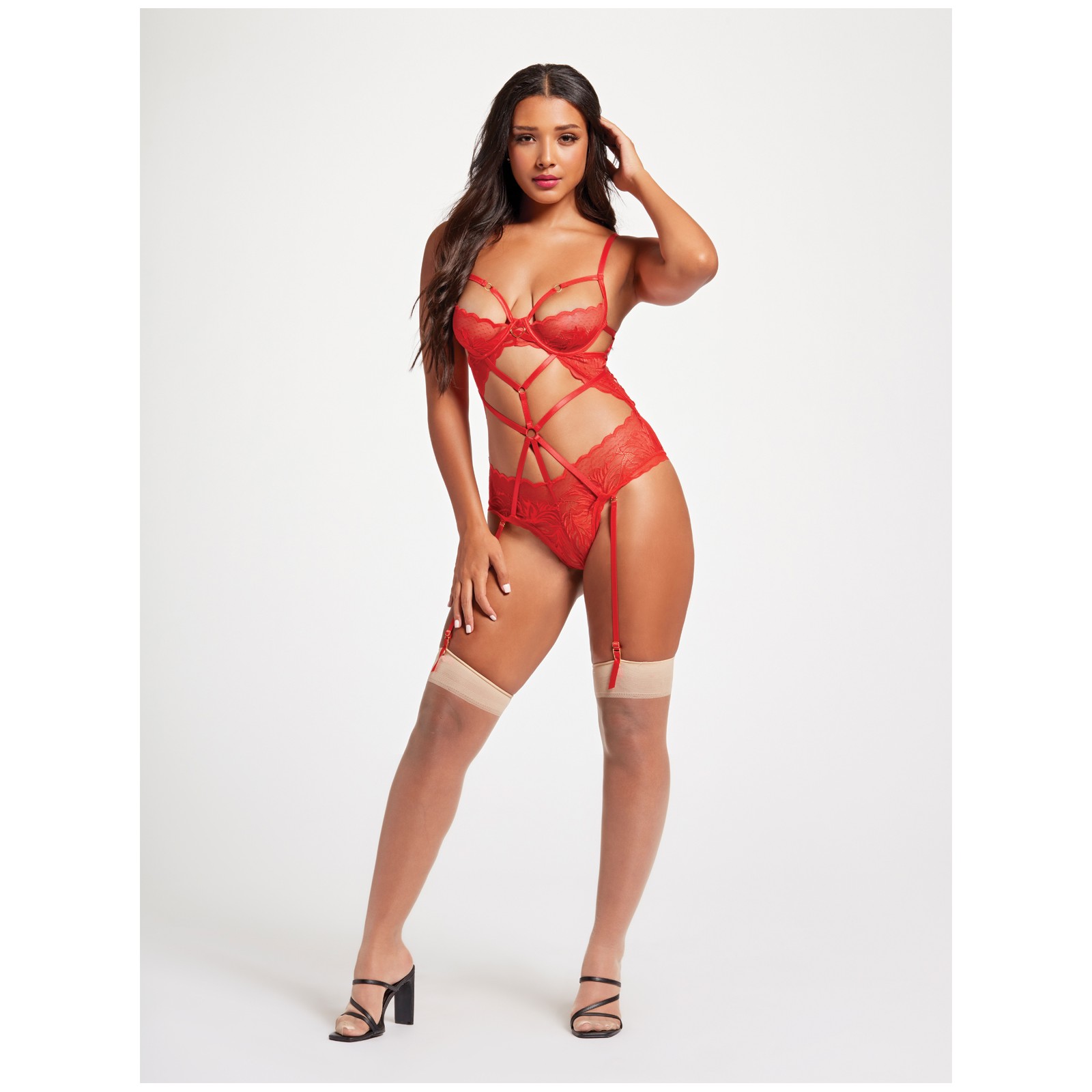 Sheer Mesh & Lace Demi Cup Teddy Red MD