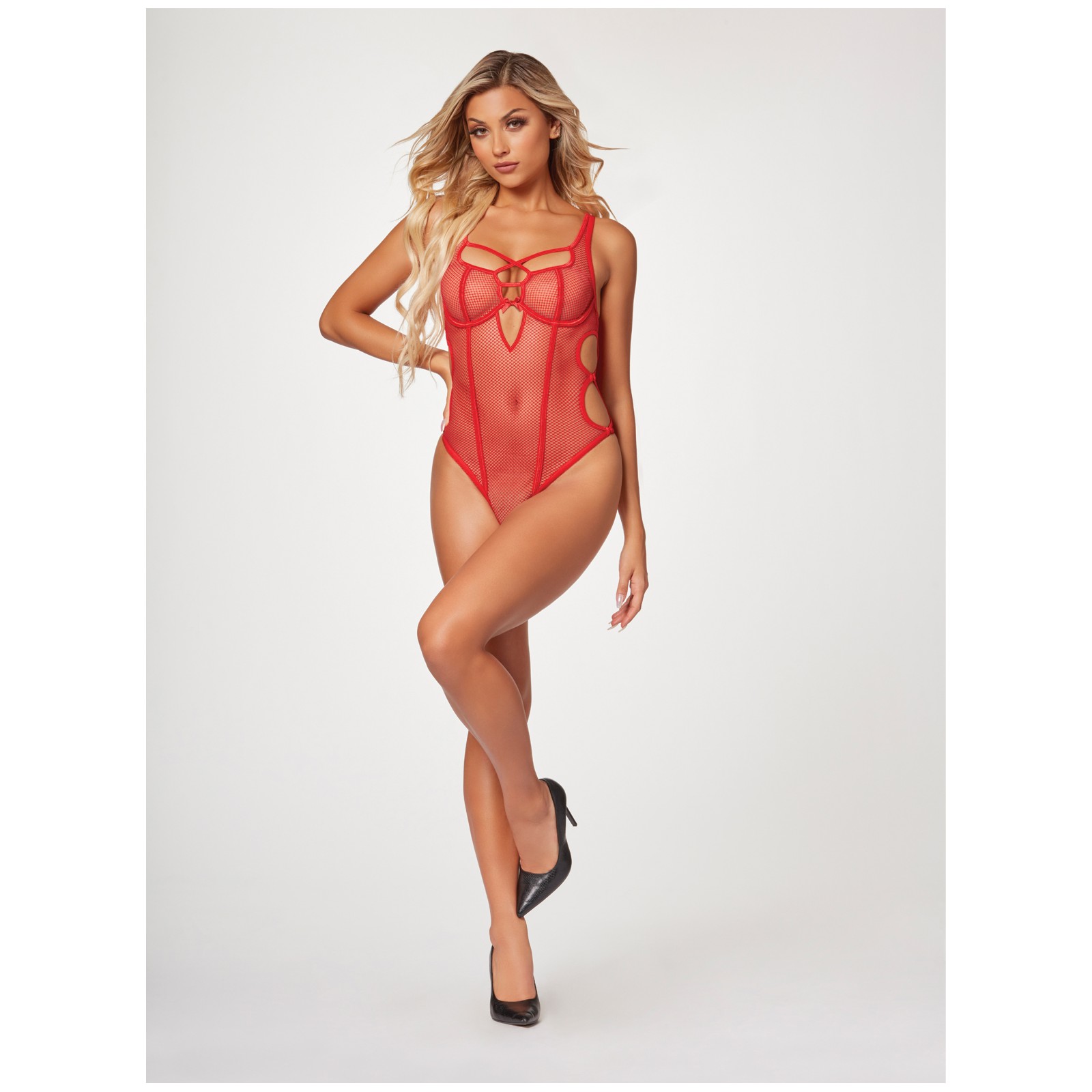 Fishnet Strappy High Cut Leg Teddy Red LG