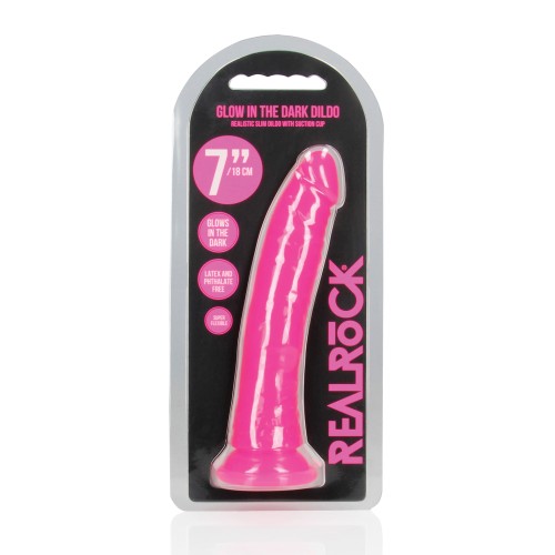 Dildo Slim de 7' RealRock que Brilla en la Oscuridad - Rosa Neón