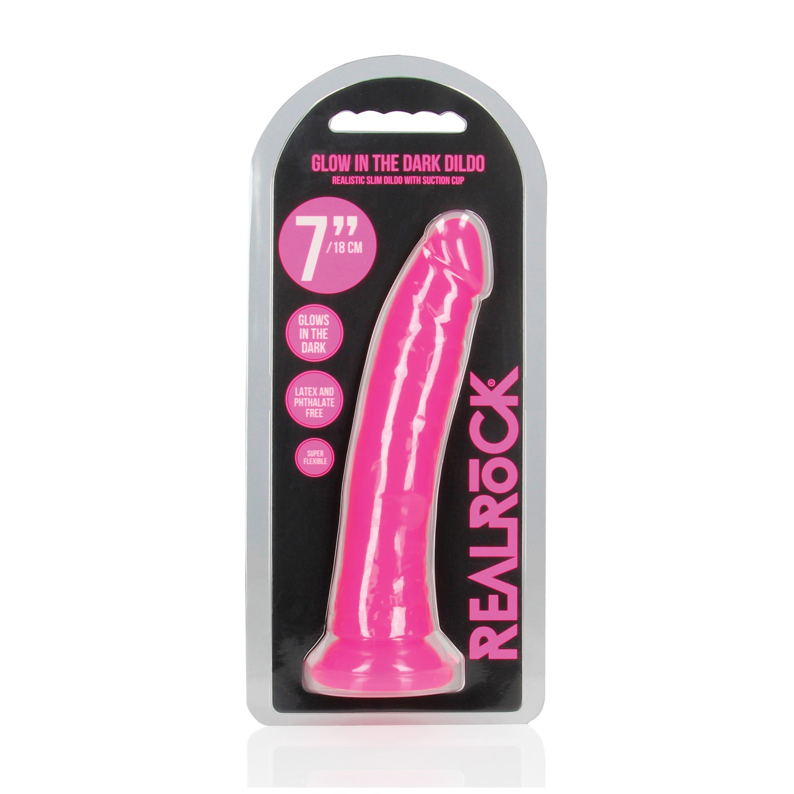 Dildo Slim de 7' RealRock que Brilla en la Oscuridad - Rosa Neón