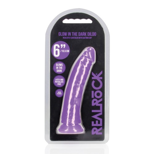 Dildo Slim de 6" RealRock Brilla en la Oscuridad - Púrpura Neón