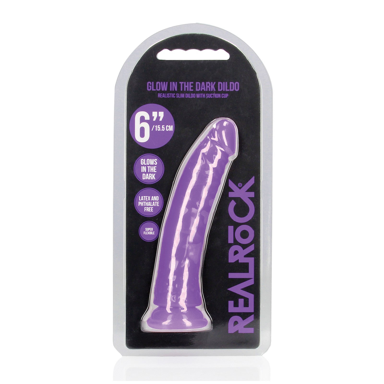 Dildo Slim de 6" RealRock Brilla en la Oscuridad - Púrpura Neón