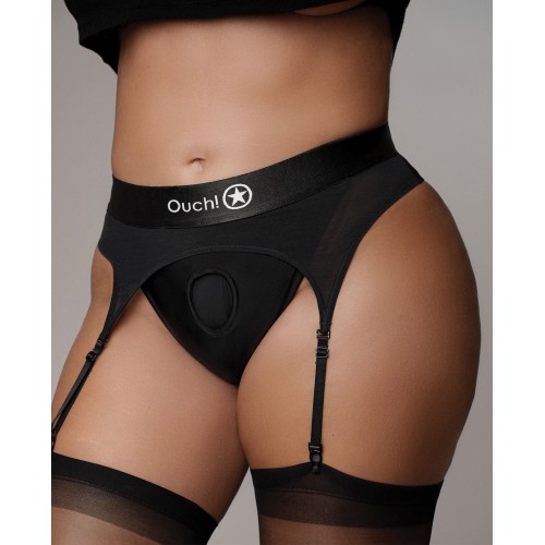 Shots Ouch Vibrating Strap-On Thong with Garters Black XL/XXL