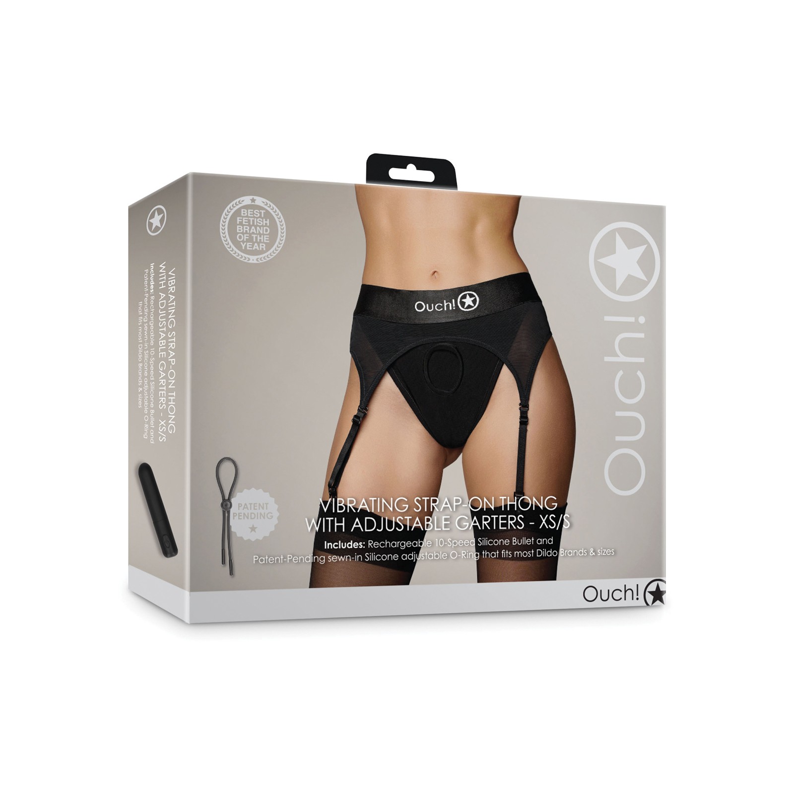 Shots Ouch Vibrating Strap-On Thong with Garters Black XS/S