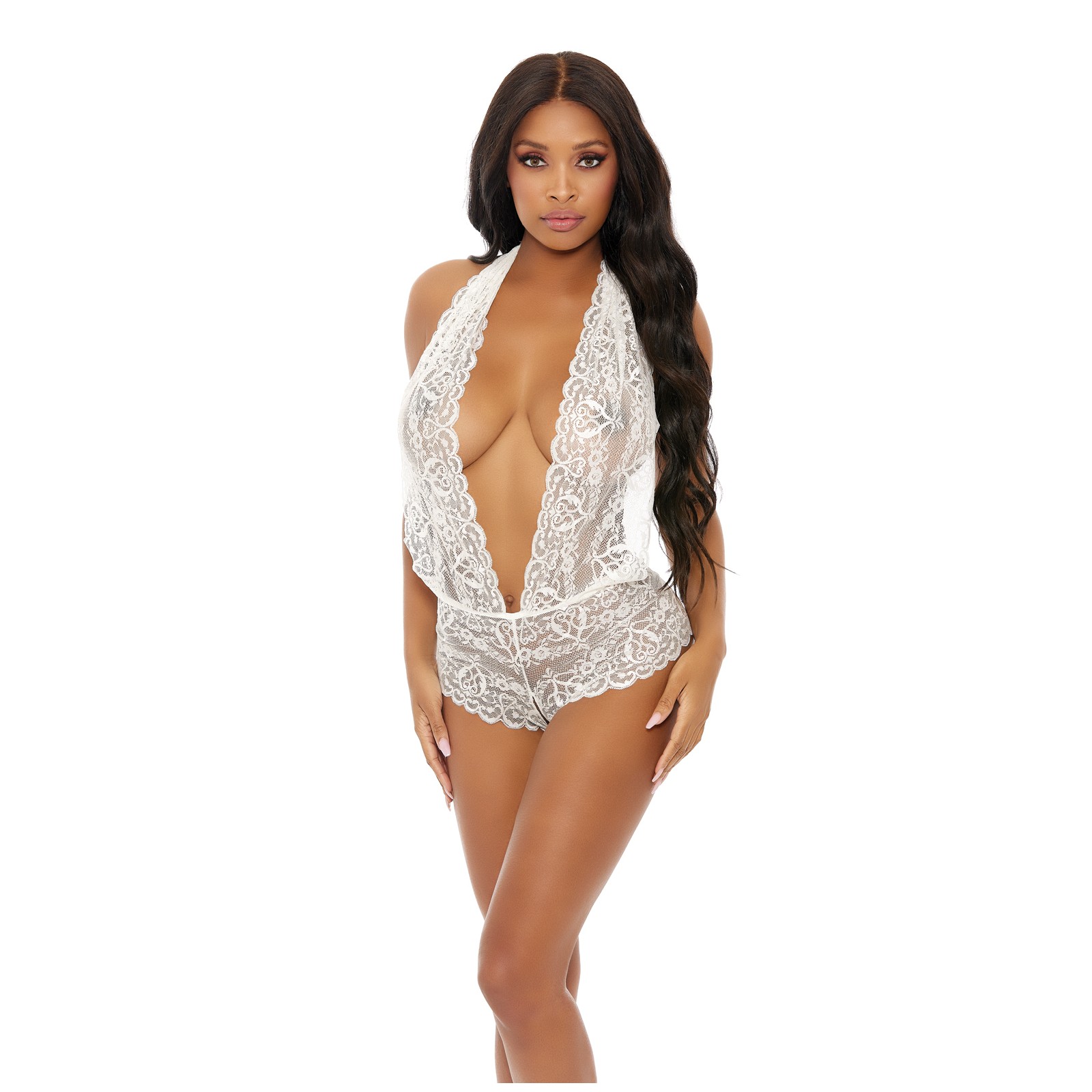 Sheer Lace Deep V Bodysuit Open Crotch White Large