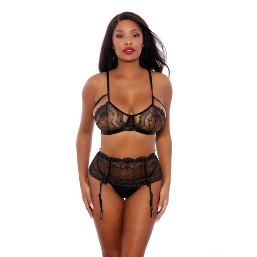 Two Tone Scalloped Lace Bra, High Waist Garter Belt & G-String Black/Silver