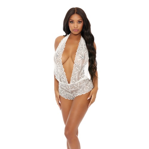 Sheer Lace Deep V Halter Bodysuit White