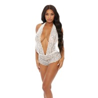 Sheer Lace Deep V Halter Bodysuit White