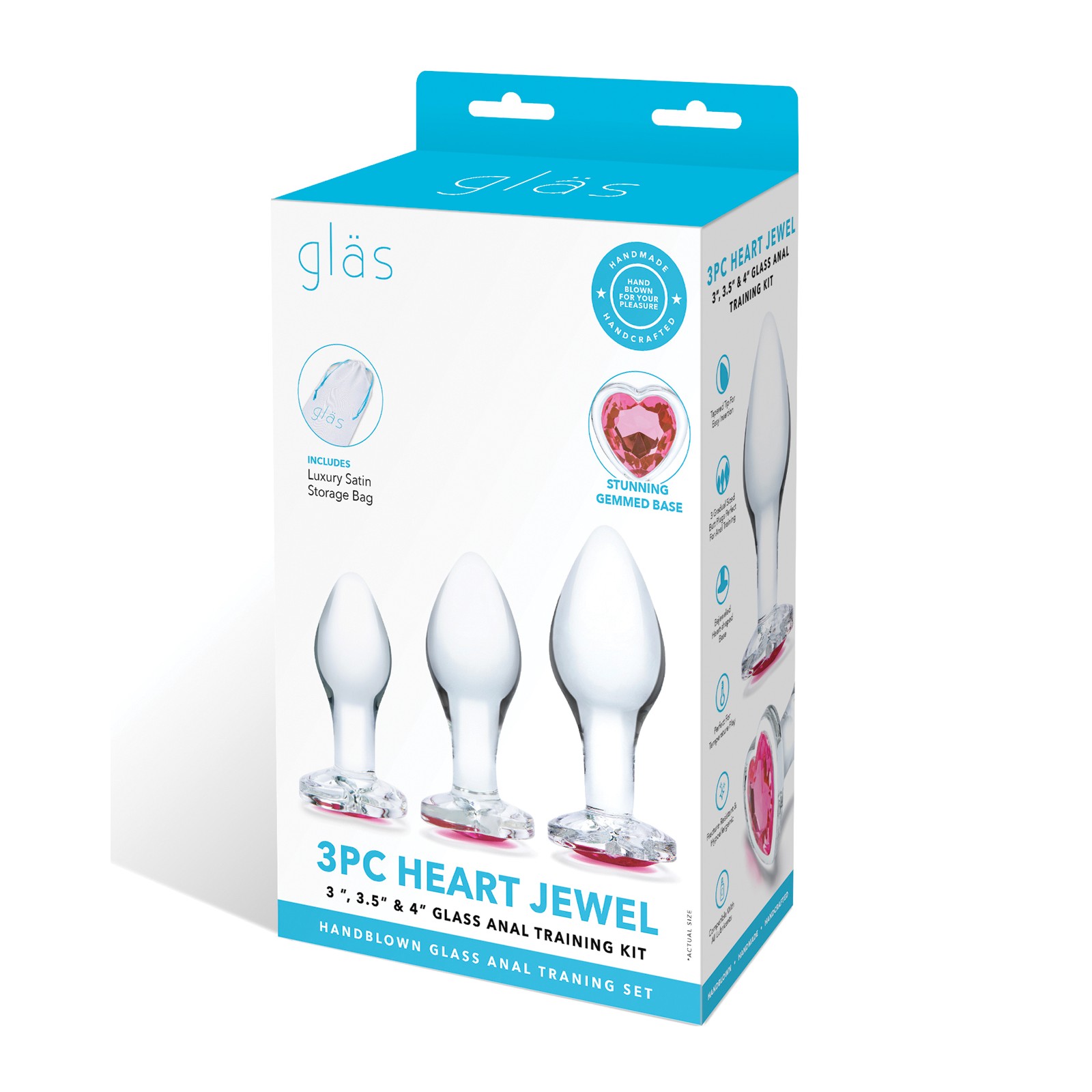 3 Piece Glas Heart Jewel Glass Anal Training Kit