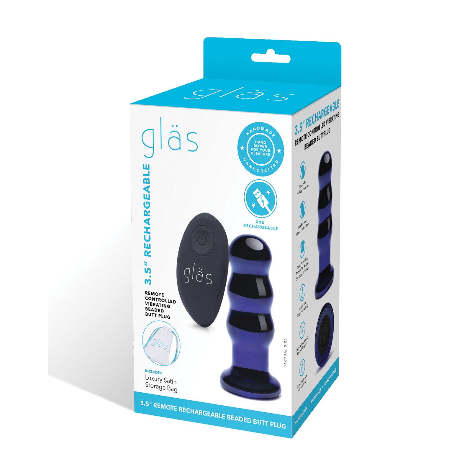 Glas 3.5 Inch Rechargeable Vibrating Butt Plug Blue