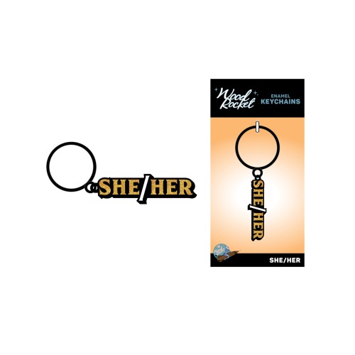 Wood Rocket She/Her Pronoun Keychain Black Gold