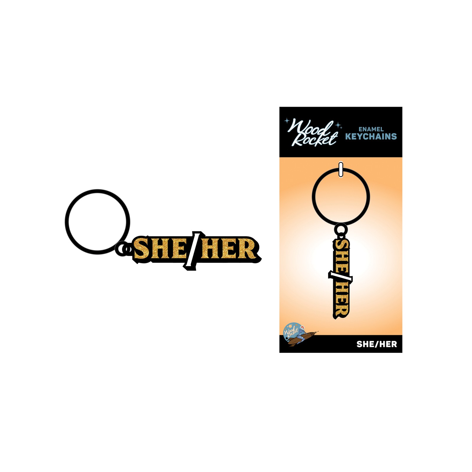 Wood Rocket She/Her Pronoun Keychain Black Gold