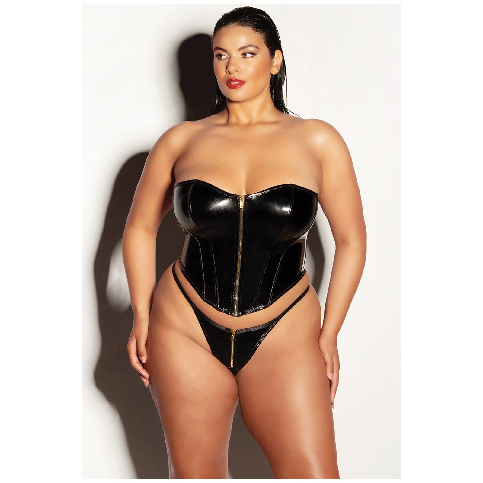 Bustier Vinyl FETISH Rider con Cremallera y Panty - Negro 1X