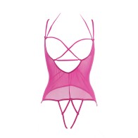 Angelina Sheer Mesh Under Bust Teddy - Hot Pink