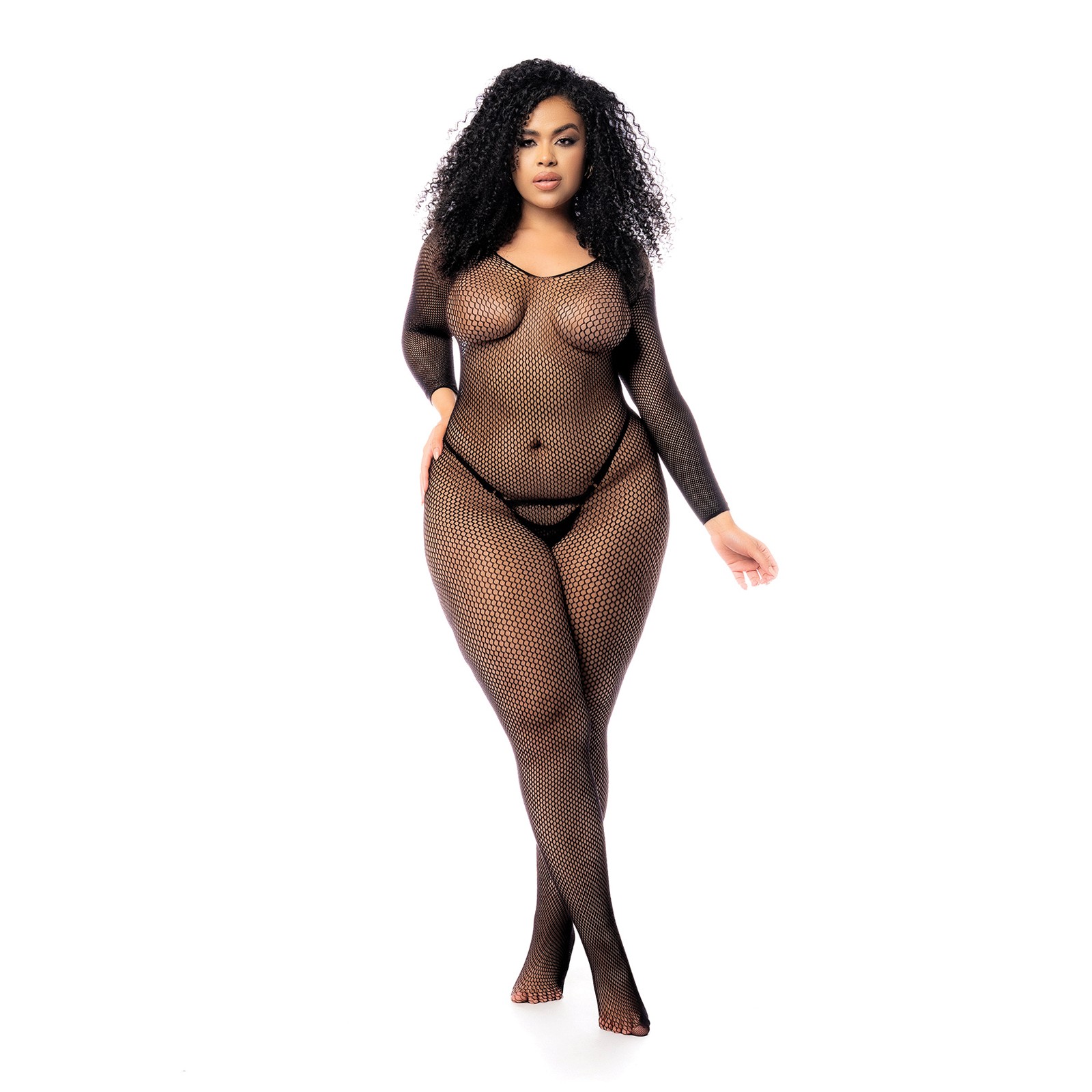 Long Sleeved Fishnet Body Stocking - Black