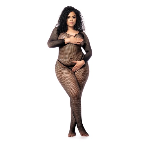 Long Sleeved Fishnet Body Stocking - Black