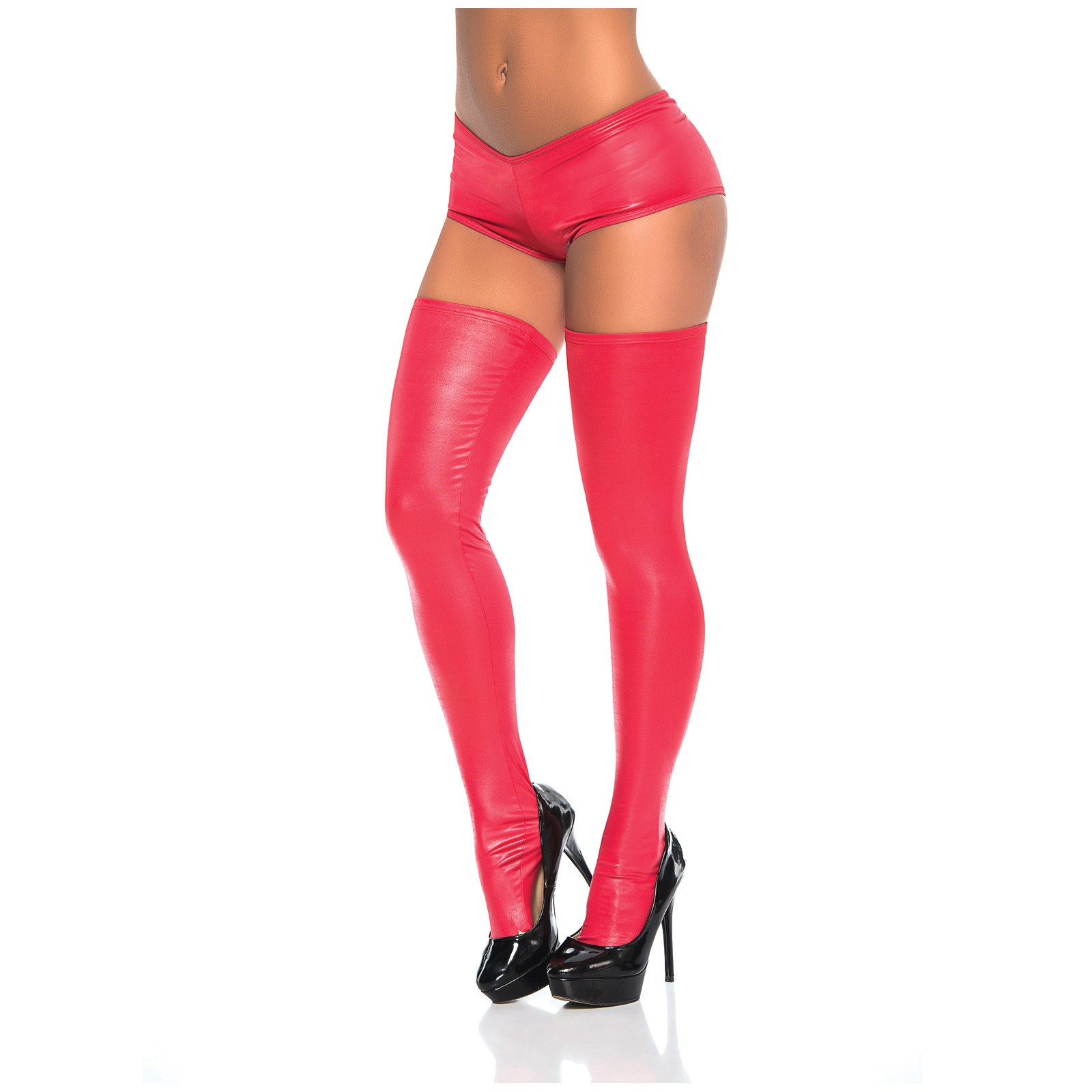 Wet Look Thigh Highs Red O/S