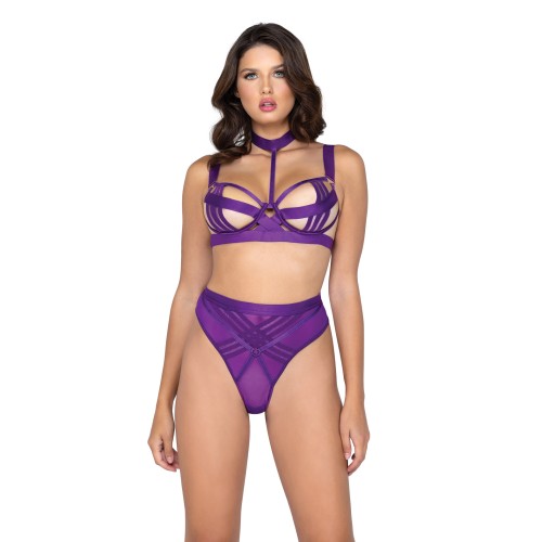 Conjunto Sujetador Demi Cup con Aros y Bragas Stripe de Bondage Púrpura LG