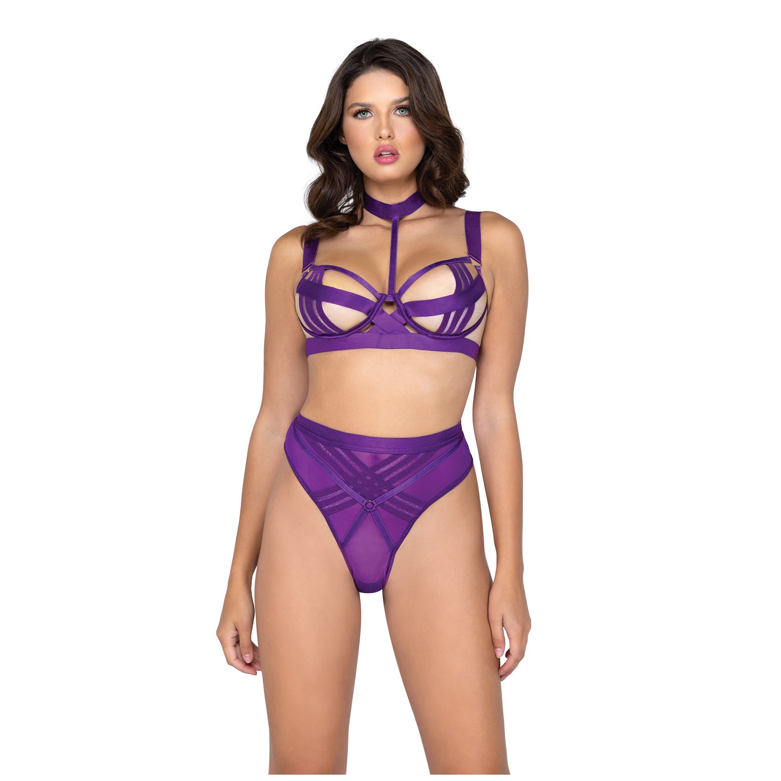 Bondage Stripe Demi Cup Underwire Bra & Panty Purple LG