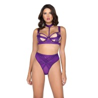 Conjunto Sujetador Demi Cup con Aros y Bragas Stripe de Bondage Púrpura LG